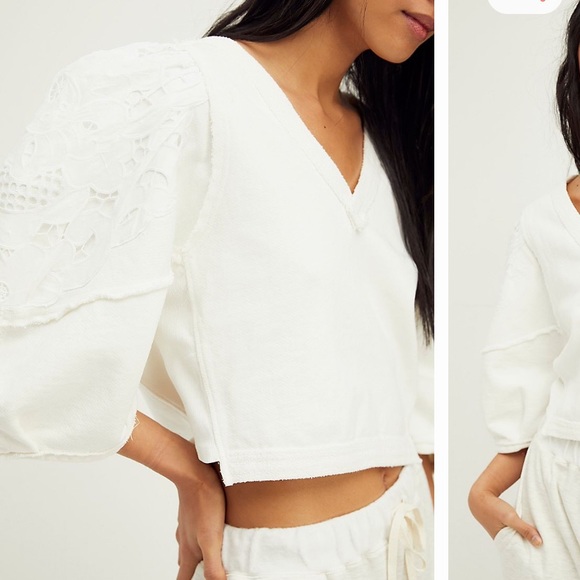 FREE PEOPLE ALYSSA ROSE COTTON PULLOVER CROPPED WITH LACE DETAILING SIZE SMALL - Picture 4 of 9